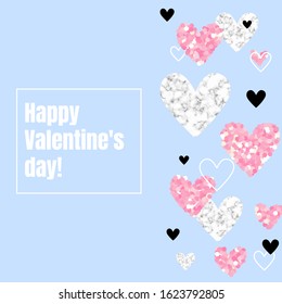 Blue square background with hearts for Valentines day. Vector illustration. Rose glitter, marble.