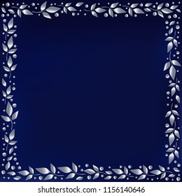 Blue square background stylized as blue velvet with decorative frame of silver leaves and dots for decoration, scrapbooking paper, wedding invitation, greeting card, text, family tree, certificate