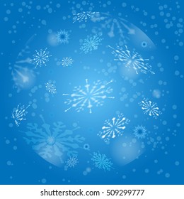 Blue square background. Vector winter ball of snowflakes