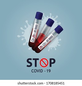 Blue Square Banner zum Thema der Coronavirus-Pandemie, mit Teströhren von Bluttests positiv und negativ, mit der Inschrift Stopp COVID-19.Vektorillustration Illustration, Konzept für die Werbung Virus 