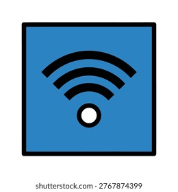a blue square with a black border containing a black wifi symbol and a white circle