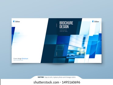 Blue Square Brochure Cover Template Layout Design. Corporate Business Horizontal Brochure, Annual Report, Catalog, Magazine, Flyer Mockup. Creative Modern Bright Brochure Concept with Square Shapes