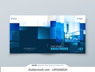 Blue Square Brochure Cover Template Layout Design. Corporate Business Horizontal Brochure, Annual Report, Catalog, Magazine, Flyer Mockup. Creative Modern Bright Brochure Concept with Square Shapes