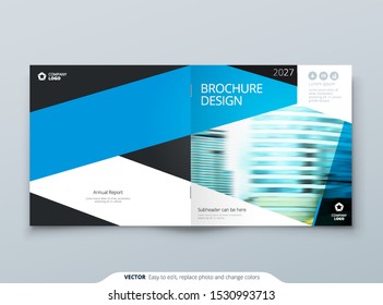 Blue Square Brochure Cover Template Layout Design. Corporate Business Horizontal Brochure, Annual Report, Catalog, Magazine, Flyer Mockup.