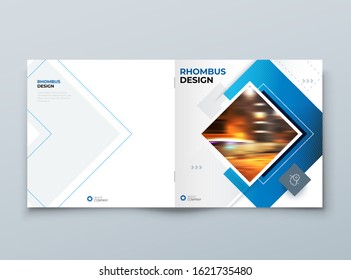 Blue Square Brochure Cover Template Layout Design. Corporate Business Horizontal Brochure, Annual Report, Catalog, Magazine, Flyer Mockup. Creative Modern Bright Brochure Concept with Square Shapes