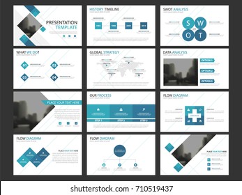 Blue Square Business Presentation Infographic Elements Template Set, Annual Report Corporate Horizontal Brochure Design Template