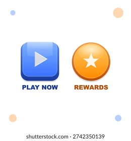 A blue square button with a play icon and the text PLAY NOW next to an orange circular button with a star icon and the text REWARDS on a white background with soft colored dots.