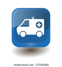 Blue square button with white ambulance sign, vector design for website 