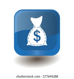 Blue square button with white bag of money sign, vector design for website 