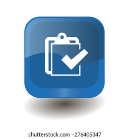 Blue square button with white checklist sign, vector design for website 