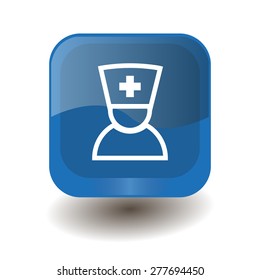 Blue square button with white doctor sign, vector design for website 