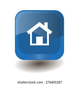 Blue square button with white home sign, vector design for website 
