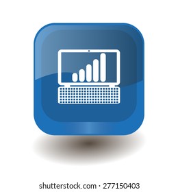 Blue square button with white laptop with a graph sign, vector design for website 