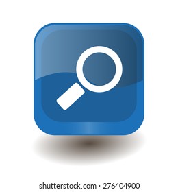 Blue square button with white magnifier sign, vector design for website 