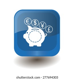 Blue square button with white moneybox sign, vector design for website 