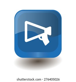 Blue square button with white mouthpiece (announcing) sign, vector design for website 