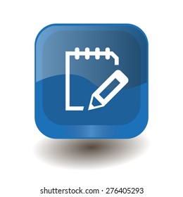 Blue square button with white notepad sign, vector design for website 