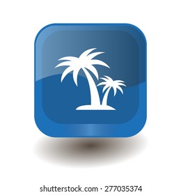 Blue square button with white palm trees sign, vector design for website 