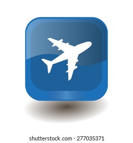 Blue square button with white plane sign, vector design for website 