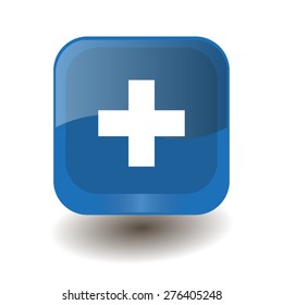 Blue square button with white plus sign, vector design for website 