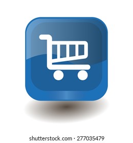 Blue square button with white shopping cart sign, vector design for website 