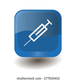 Blue square button with white syringe sign, vector design for website 
