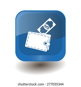 Blue square button with white wallet with money sign, vector design for website 