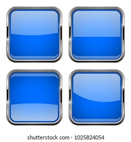 Blue square buttons with chrome frame. Vector 3d illustration isolated on white background