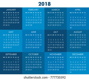 Blue square calendar for 2018 year. Week starts monday. Vector design template