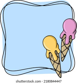 Blue Square frame, cold dessert, fruit ice cream balls in a waffle cone, banner copy space, vector illustration in cartoon style