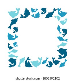 Blue square frame made of dolphins. Ready-made frame for your designs. Vector illustration in white background