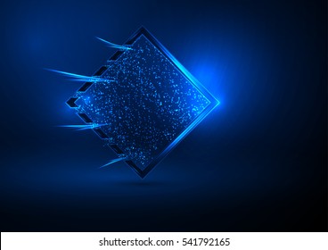 Blue square frame with sparks and rays with a slight glow. Abstract vector background