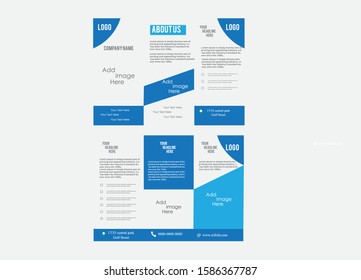 blue square geometric vector business trifold Leaflet Brochure Flyer template flat design set