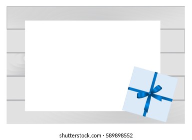 Blue Square Gift Box with Blue Bow on Wooden Plank Background with White sheet of paper.  Has place for your text. Vector image.
