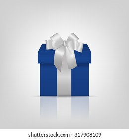 Blue square gift box with silver ribbon and bow Vector EPS10 illustration. 