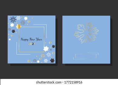 Blue square greeting card 2021 Happy New Year with snowflakes and frames for invitations, party, holidays and business with space for text, logo or name of company.