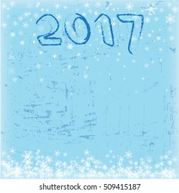 Blue square grunge background. Winter card. Snowflakes, 2017.