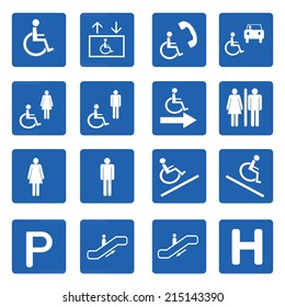 Blue square handicap signs with wheelchair vector set, Vector illustration
