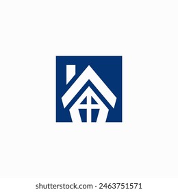  Blue square house logo. Unique and modern realestate house logo inside a geometric box