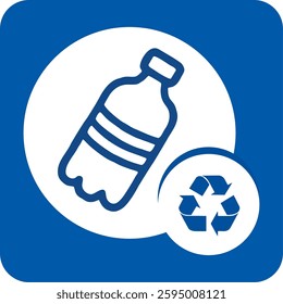 blue square icon, plastic bottle, recycling symbol 