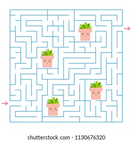A blue square labyrinth. Collect all the flower pots and find a way out of the maze. An interesting game for children. Simple flat vector illustration
