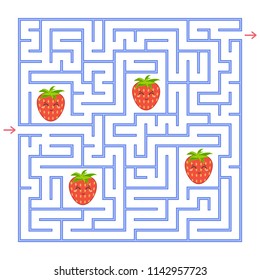 A blue square labyrinth. Collect all the strawberries and find a way out of the maze. An interesting game for children. Simple flat vector illustration