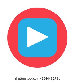 Blue square music player button on round red sticker background icon. Browser media player control element. Simple flat vector isolated on white background