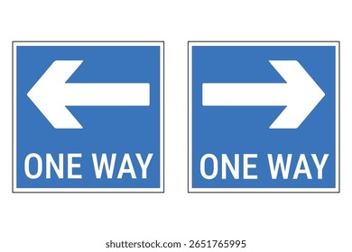 Signo unidireccional de Blue Square con flechas derecha e izquierda para la dirección de la carretera, el estacionamiento y el uso de las instalaciones. Vector de seguridad de tráfico simple para proyectos de diseño.
