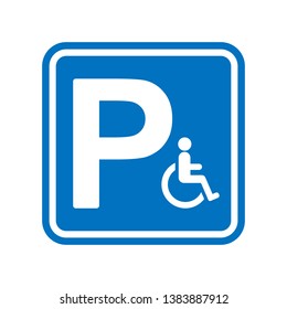 Blue square parking sign with capital letter P and handicap symbol