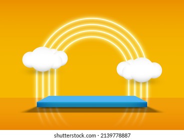 Blue Square Pedestal For Product Displays With Neon Arch Lighting And Clouds On Yellow Background. Vector Illustration.