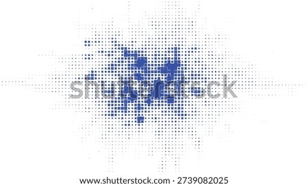 Blue square pixel radial burst background, abstract geometric dotted pattern, modern digital halftone texture, futuristic technology vector design