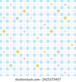 Blue square plaid with a smile face, clover leaf and star pattern for background, wallpaper, backdrop, template, print, gift wrap, packaging, duvet, fabric, garment, textile, sticker, poster, cartoon