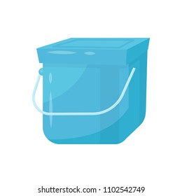 Blue Square Plastic Bucket With Lid And Metal Handle. Container For Liquids Or Trash. Flat Vector Element For Promo Poster Of Household Store