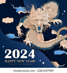 Blue square poster with hand drawn paper cut Chinese Dragon as a traditional symbol of 2024 New year. Banner with asian decorations - clouds, stars, dragon scales. Christmas vector greeting card